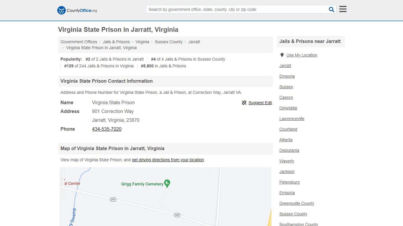 Virginia State Prison - Jarratt, VA (Address and Phone) - County Office